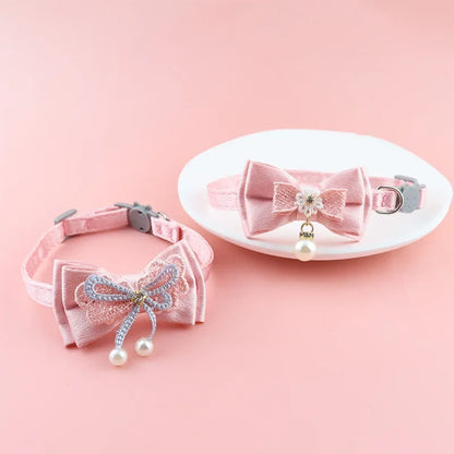 Pink Lace Bow Pet Collar with Bell