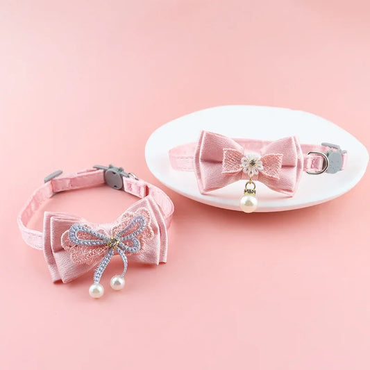 Pink Lace Bow Pet Collar with Bell