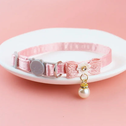 Pink Lace Bow Pet Collar with Bell