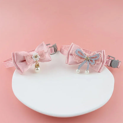 Pink Lace Bow Pet Collar with Bell