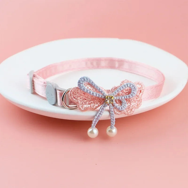 Pink Lace Bow Pet Collar with Bell