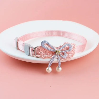 Pink Lace Bow Pet Collar with Bell