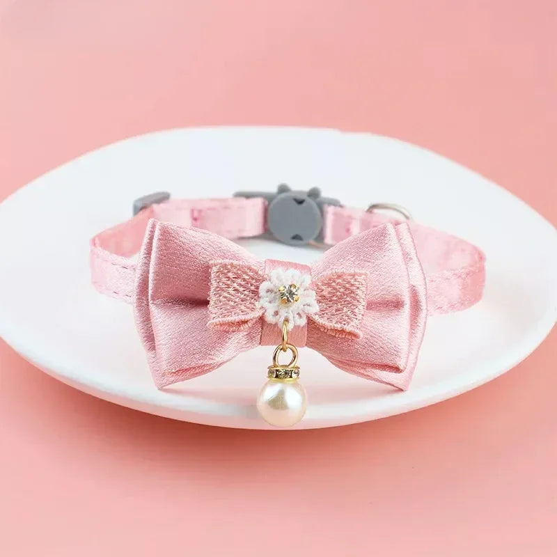 Pink Lace Bow Pet Collar with Bell