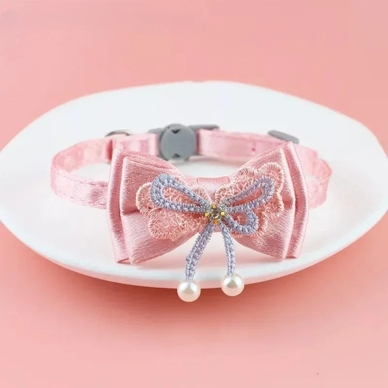 Pink Lace Bow Pet Collar with Bell
