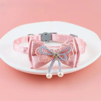 Pink Lace Bow Pet Collar with Bell