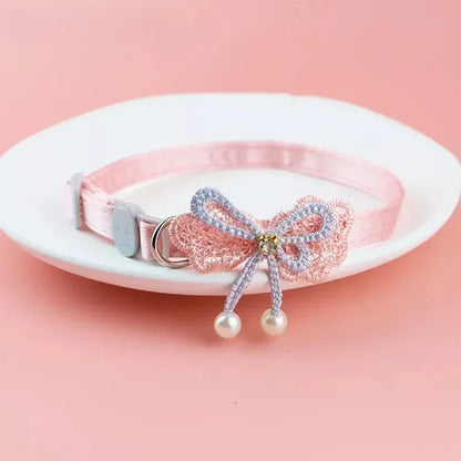 Pink Lace Bow Pet Collar with Bell